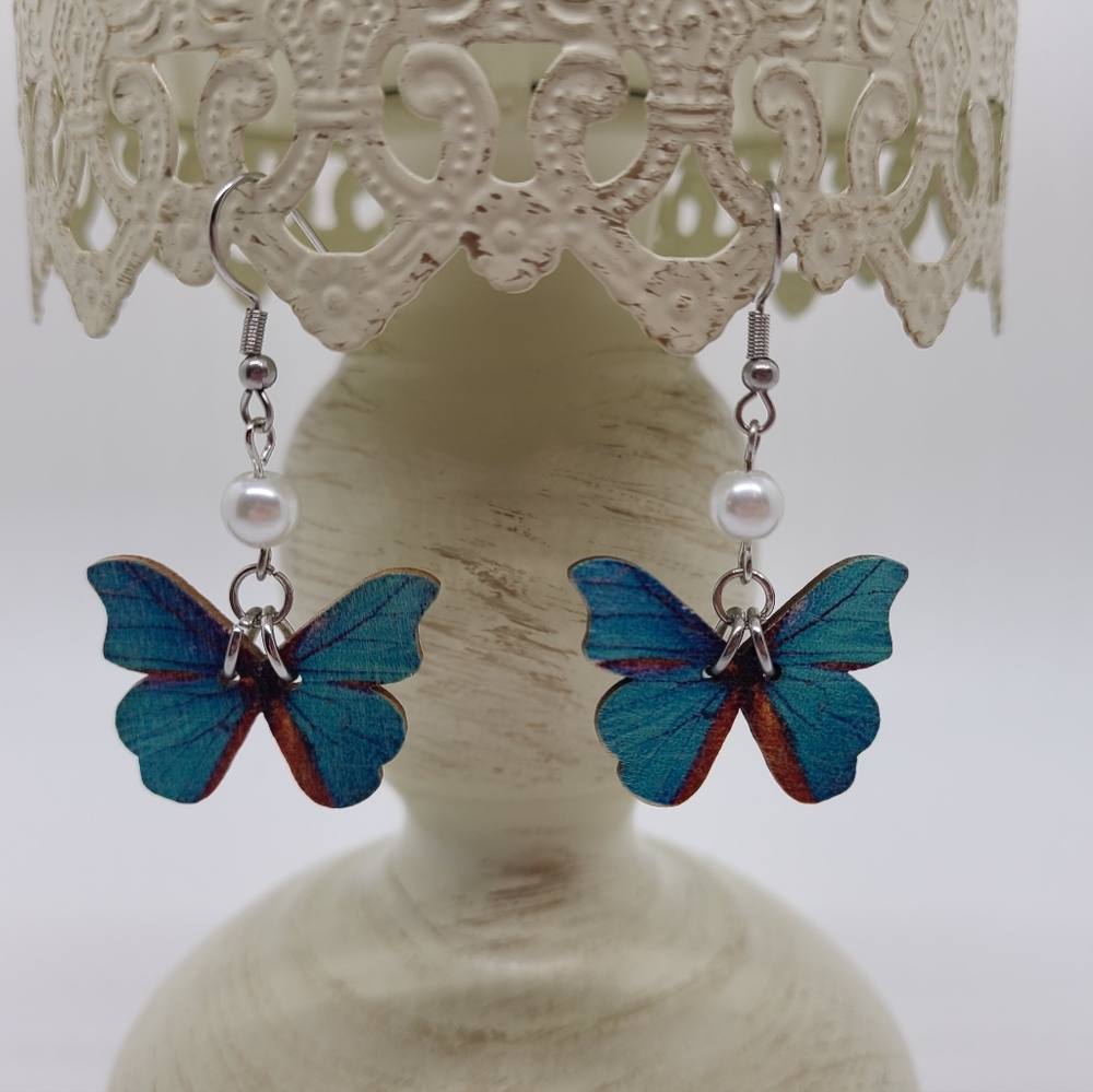 Indian Blue Butterfly Earrings with Faux Pearl Bead - Picture 2 of 4